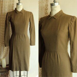Vintage 1950s Dress, Khaki Green Barkcloth Wiggle Dress with Pointed Collar